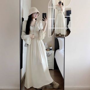 大码 独特绝美V领连衣裙女春季 胖mm收腰显瘦波西米亚甜美A字长裙子