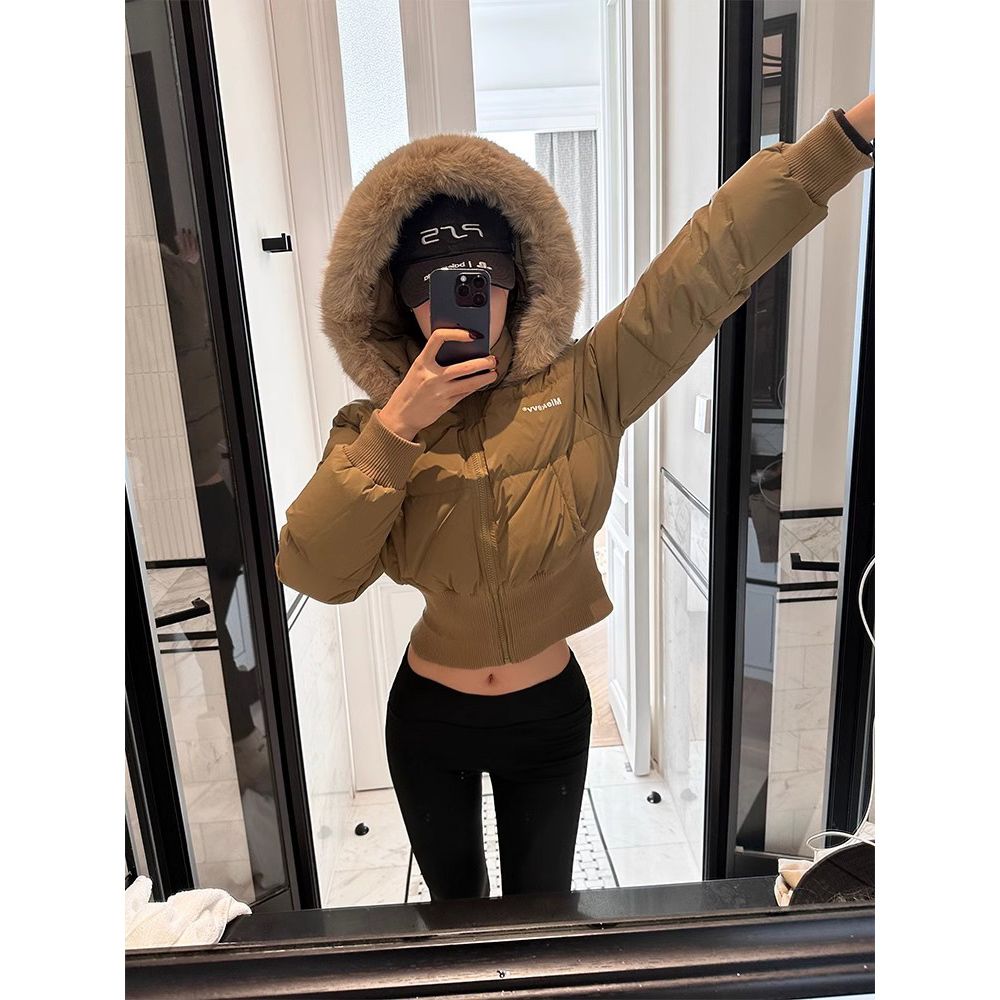 连帽毛领羽绒棉服女冬季