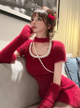 新年红色泡泡袖毛衣女秋