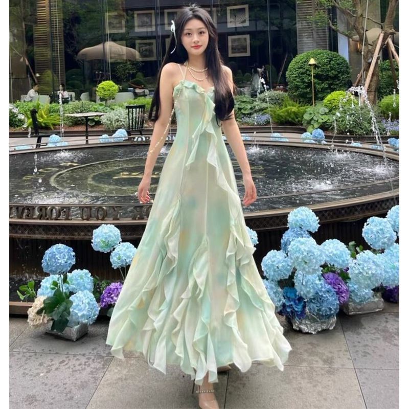 暮光浮绿色法式仙女裙女