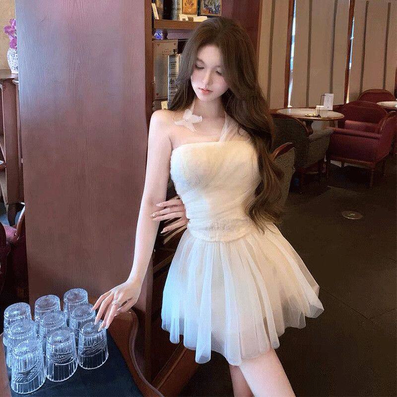 立体蝴蝶挂脖网纱抹胸上衣高腰半裙短裙套装