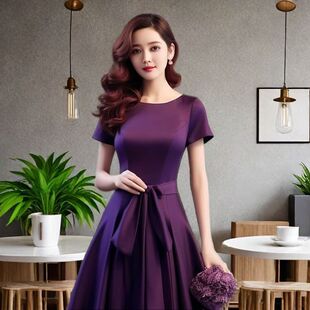 2024新款女装正式场合轻奢高级感长裙子小香风端庄大气紫色短袖