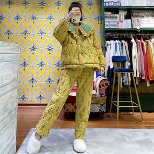 三层夹棉睡衣女士2024冬季 潮 新款 加厚保暖绒甜美珊瑚绒家居服套装