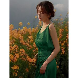 现货夏装2023新款法式温柔御姐风长裙高级感修身绿色吊带连衣裙子