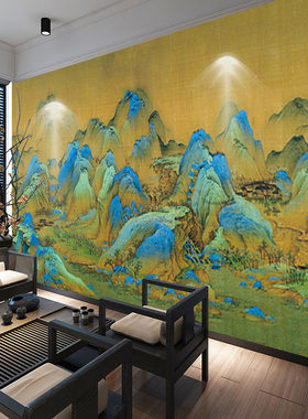 3D新中式千里江山图壁纸清明上河图背景餐厅饭店壁画茶室壁布墙纸