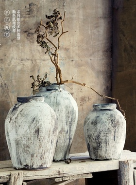 复古花瓶粗陶侘寂风民宿陶罐新中式陶瓷插干花器阳台花盆家居