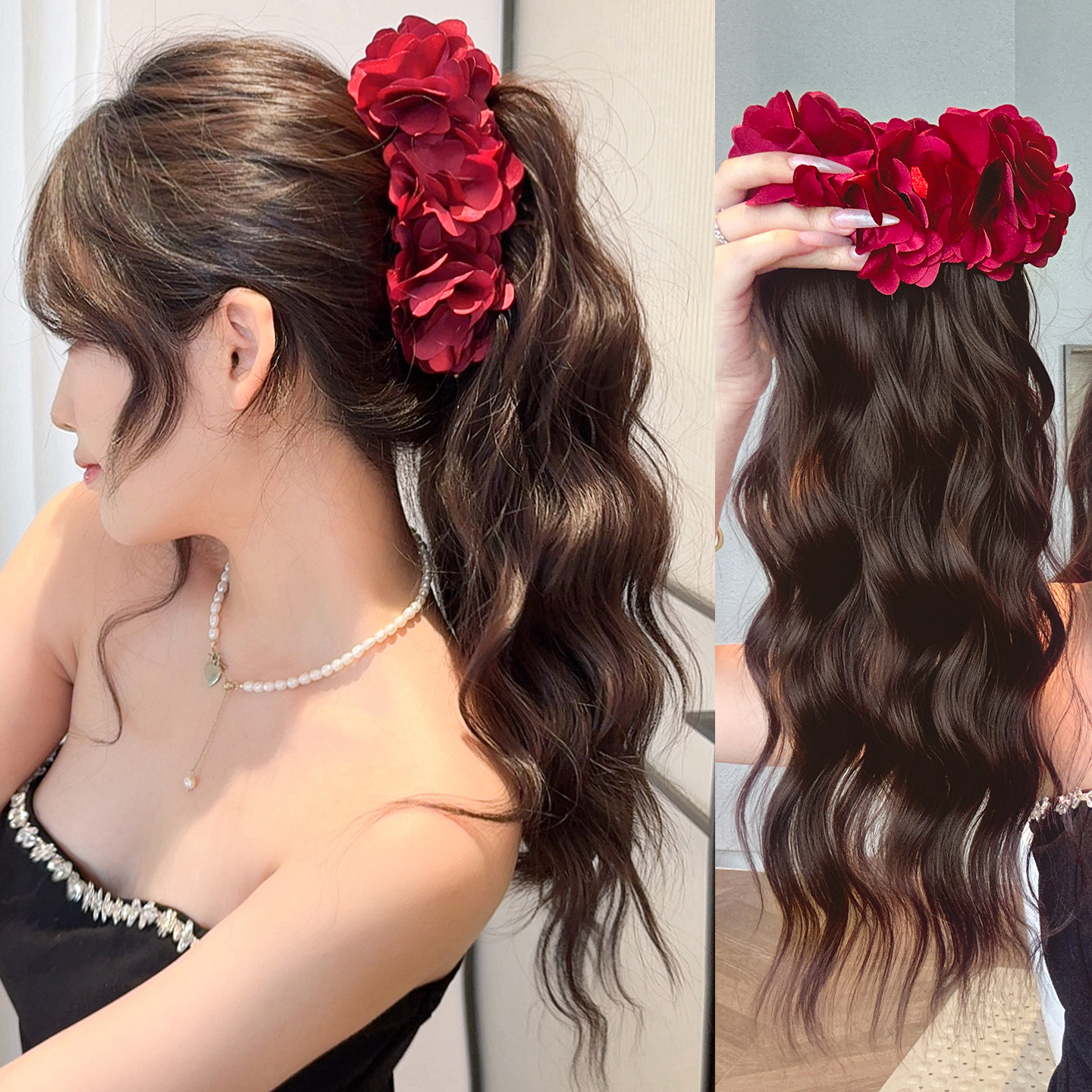 玫瑰花香蕉夹马尾假发易梦玲同款水波纹卷发高马尾抓夹蓬松假辫子