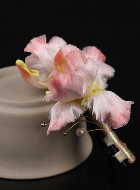 【双花粉鸢尾】非遗绒花发夹桑蚕丝制作绒花胸针胸花国风小众配饰