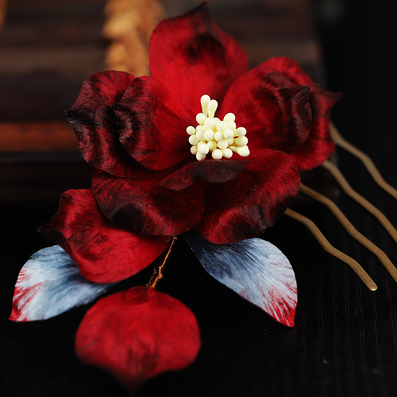 【红单茶】新款手工非遗蚕丝绒花发梳新娘禾秀服红色系山茶花发饰