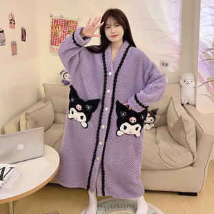 睡袍女秋冬季 家居服 法兰绒加绒加厚少女睡衣可爱长款 甜美宽松韩版