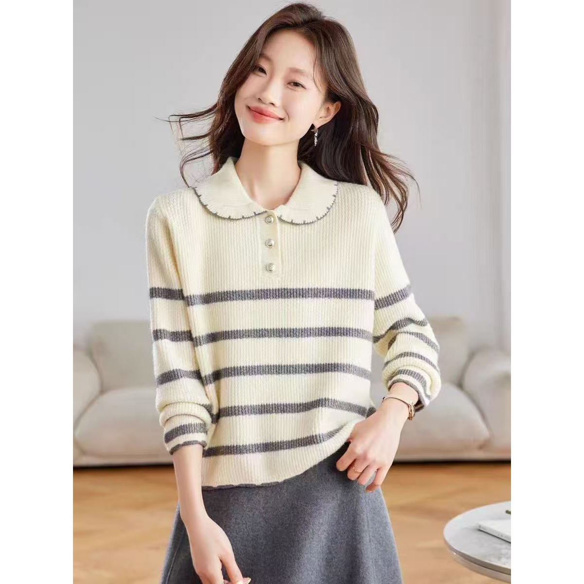 进口羊绒毛衣翻领条纹减龄针织衫上衣女秋冬新款洋气休闲百搭宽松