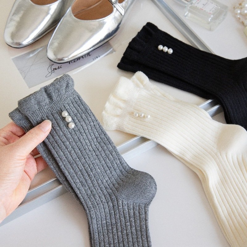 进口2025年早秋新品袜子双针花边韩系珍珠女袜纯色百搭款韩版堆堆