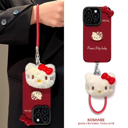 可爱kt猫公仔挂绳适用苹果16手机壳15pro瞳眼羊皮14全包防摔13/12