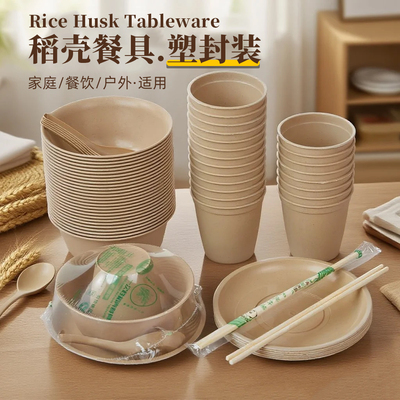 加厚一次性稻壳餐具套装独立包装