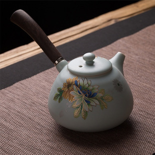 开片汝窑描金木柄侧把壶莲心壶单茶壶陶瓷功夫茶具泡茶壶过滤壶孔