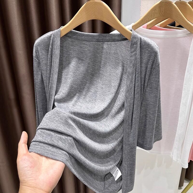 薄款灰色短袖开襟外套外套女夏季配吊带外搭中袖针织空调罩0304w