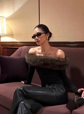 rovente【11/10 00:00 上新】黑色毛领一字肩修身长袖抹胸上衣