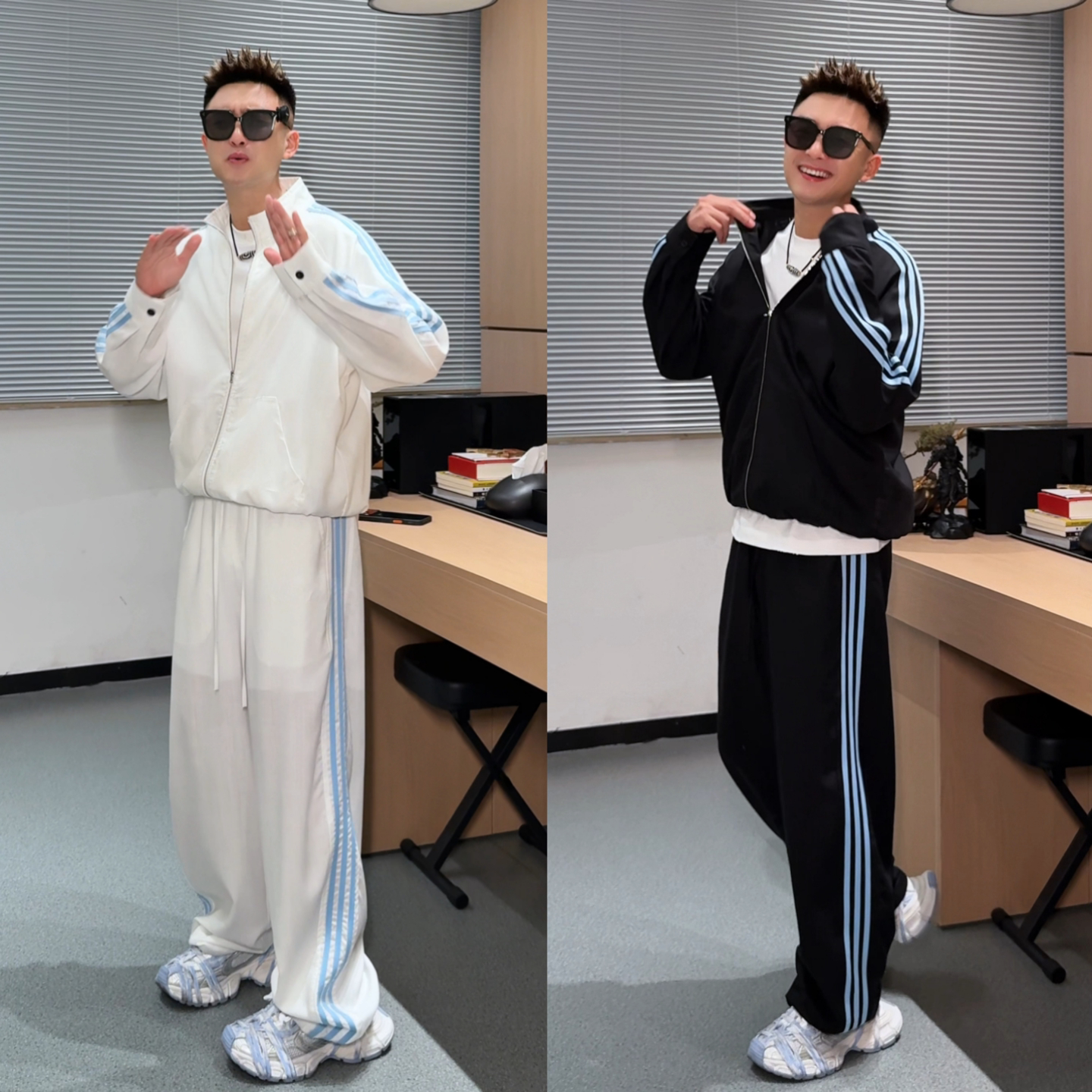 春季新款男士运动条纹立领两件套