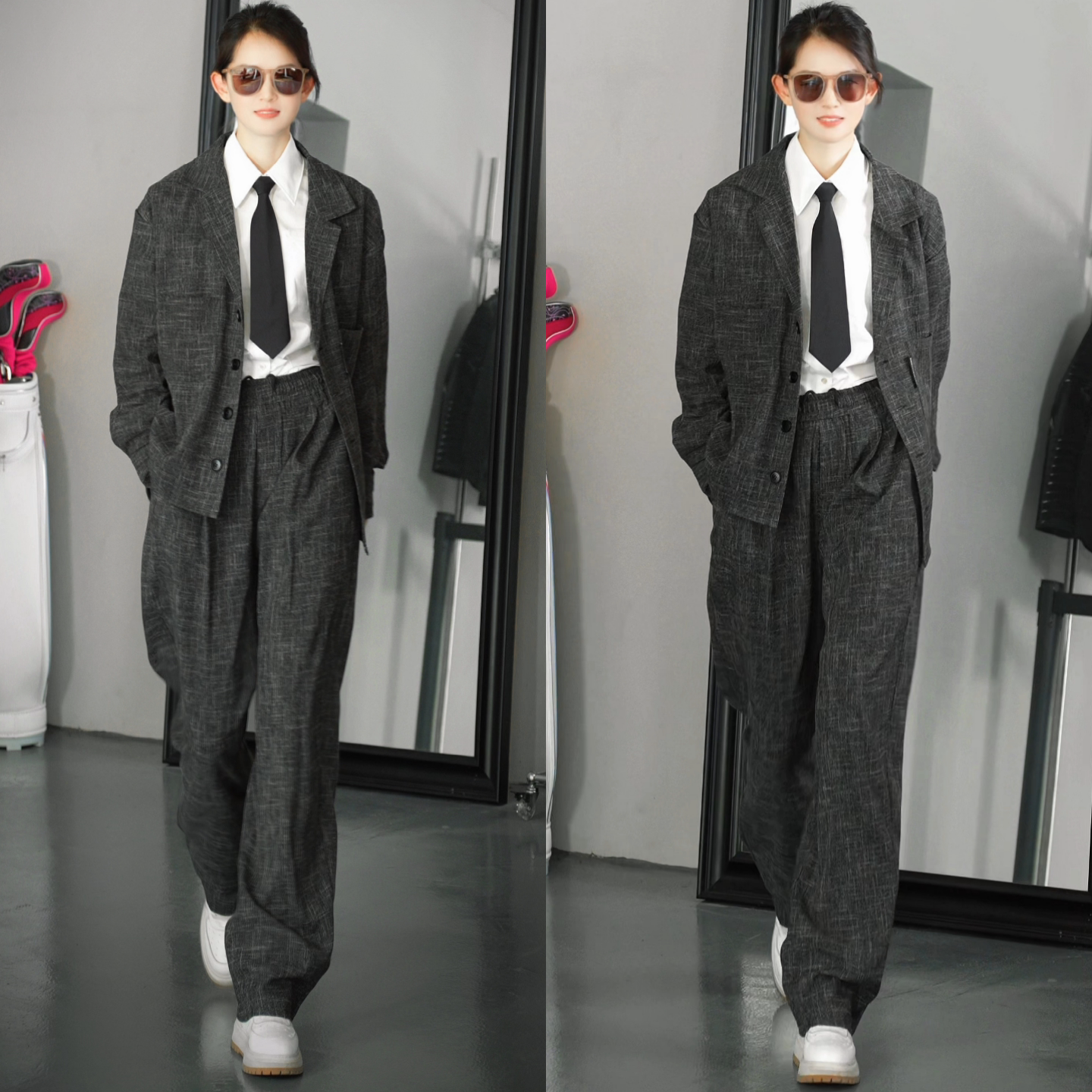 2026年春季新款男士直筒中腰休闲裤宽松垂感慵懒风黑灰色格子套装