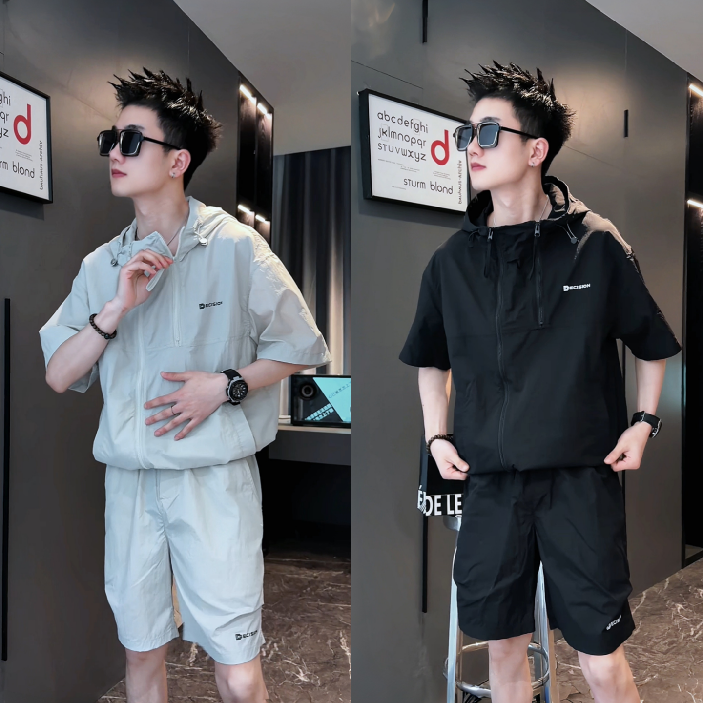设计感时尚男士小众痞帅工装风夏季薄款短袖短裤连帽休闲运动套装