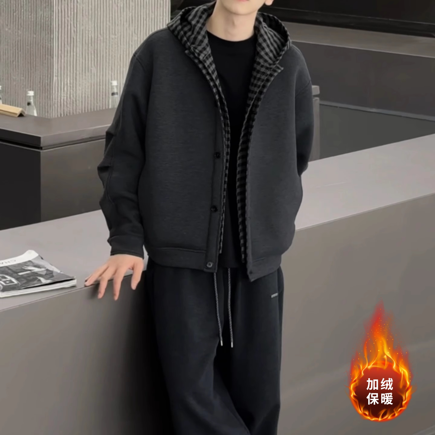 重磅开衫连帽卫衣冬季新款时尚拼接格子设计外套男女同款韩系气质