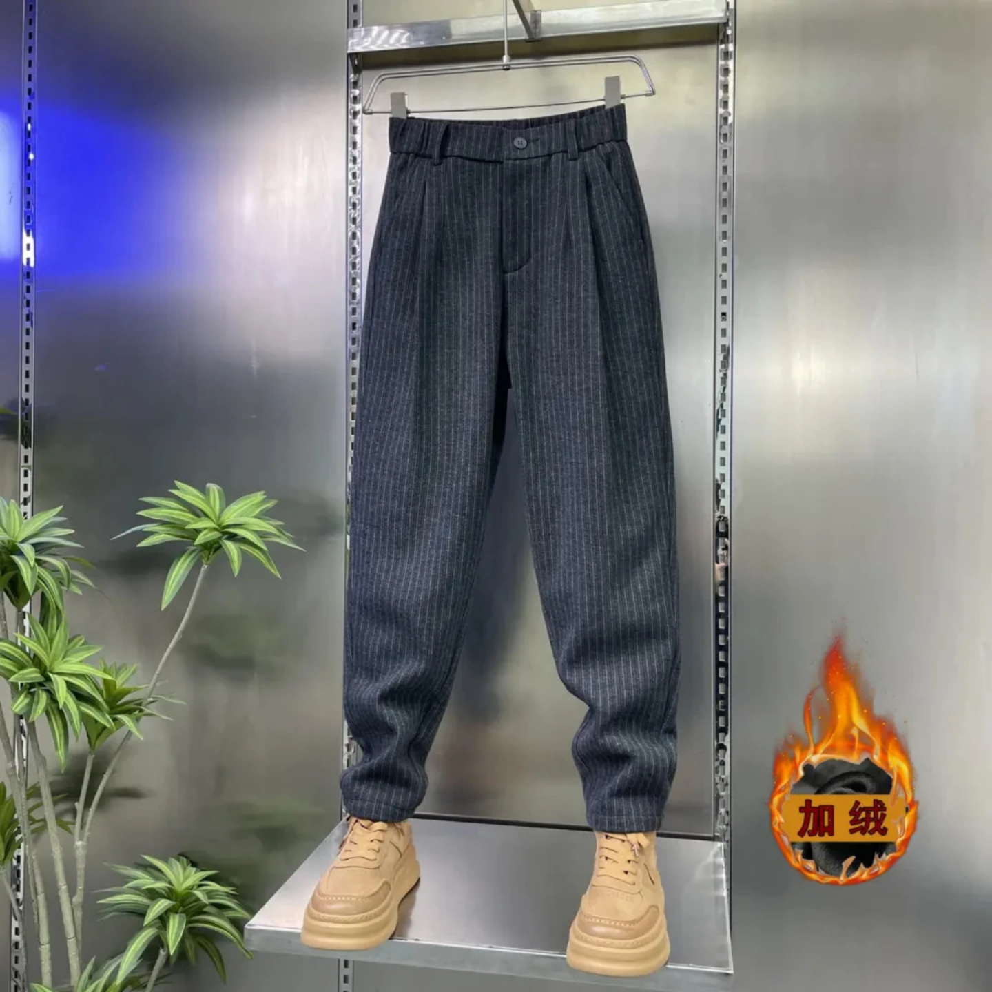 时尚轻奢商务条纹加绒加厚休闲裤冬季新款男士简约百搭高级感长裤