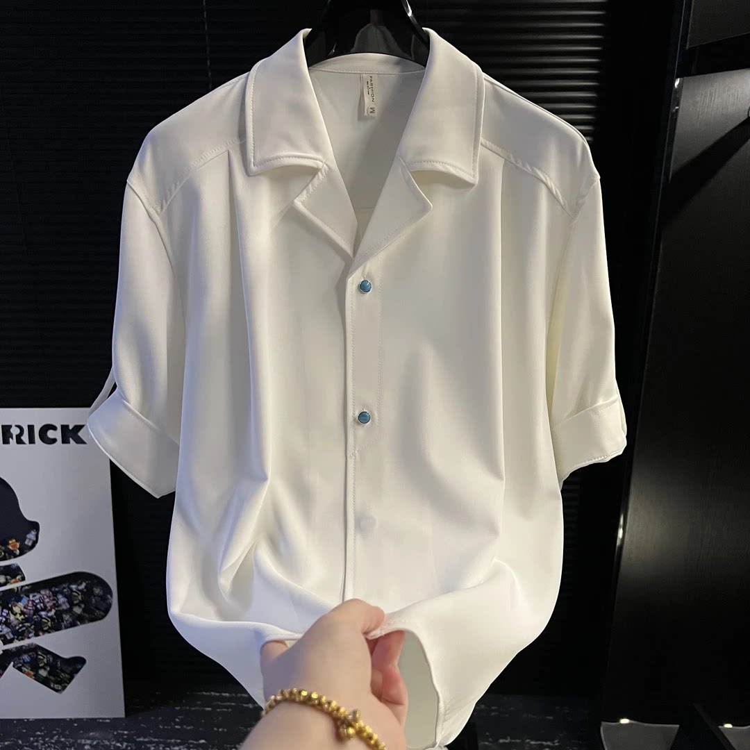 直播间同款商务休闲男装夏季新款衬衣大翻领中袖衬衫男气质高级感