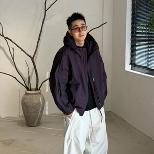 秋季新款时尚潮流户外轻工装连帽休闲潮流纯色宽松夹克外套男士款