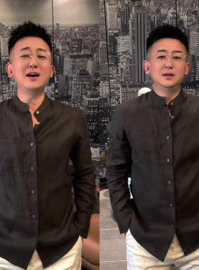 春季新款极简风翻领长袖衬衫男士修身款黑色透气休闲立领衬衣潮流