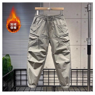冬季新款潮流时尚高品质加绒休闲裤男百搭韩版束脚裤拉链设计长裤