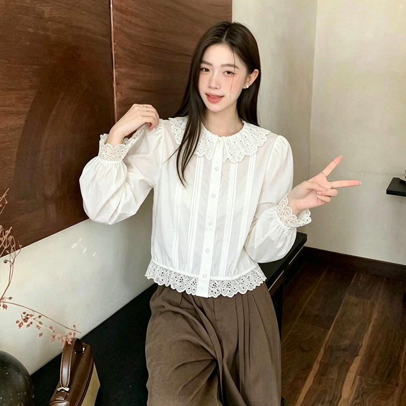 刺绣花边娃娃领衬衫女打底上衣
