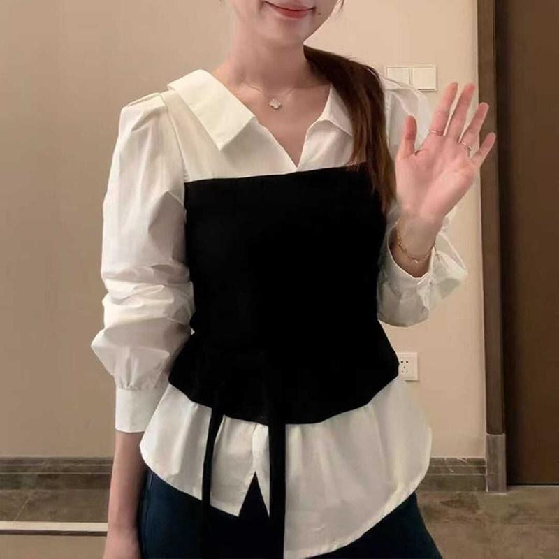 法式甜美荷叶边衬衫女2025秋新款前后V领别致修身长袖假两件上衣