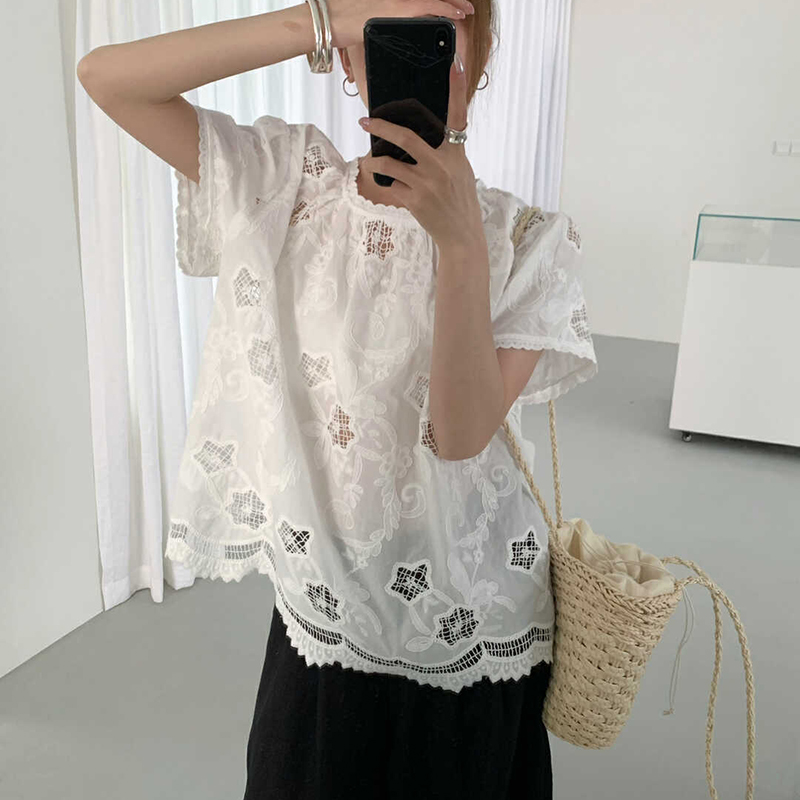 法式甜美荷叶边泡泡袖刺绣衬衫2025夏新款小个子宽松显瘦减龄上衣
