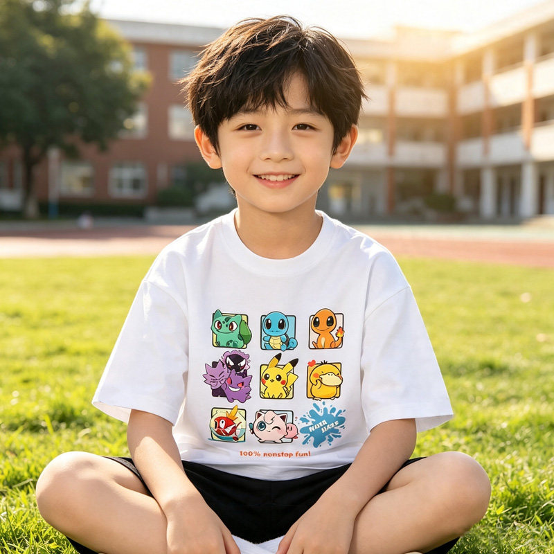 日系卡通印花短袖t恤宝可梦重磅纯棉男童女童小学生半袖夏季上衣