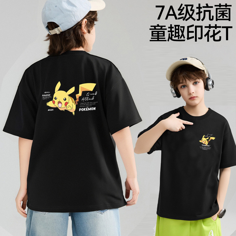 皮卡丘二次元日系男童短袖T恤新款夏季精灵宝可梦儿童纯棉衣服潮