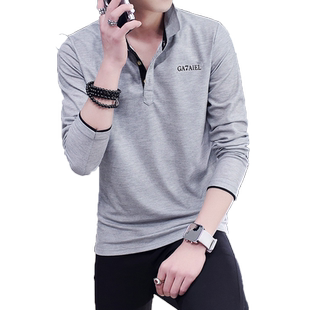 秋季男童薄款T恤长袖纯棉衬衫带领子衣服男装青年翻领打底polo衫