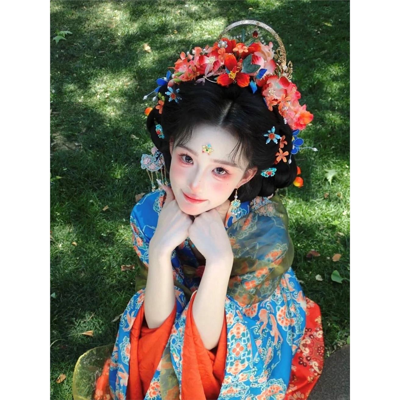 汉服女繁花盛唐印花红齐胸背带裙图片