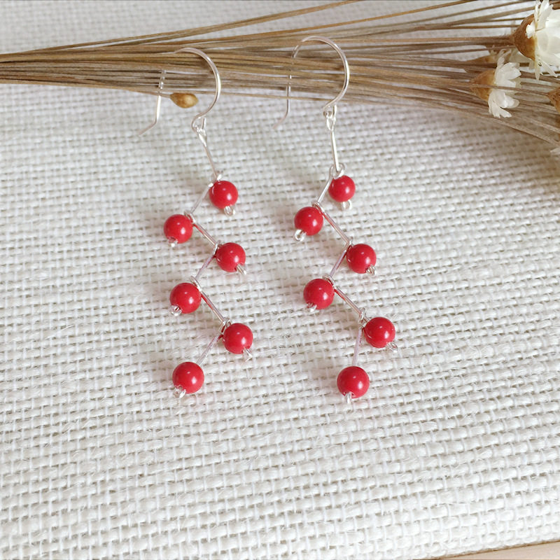 手工999纯银足银红色朱砂多颗款花枝长耳环耳坠养耳防过敏银耳饰