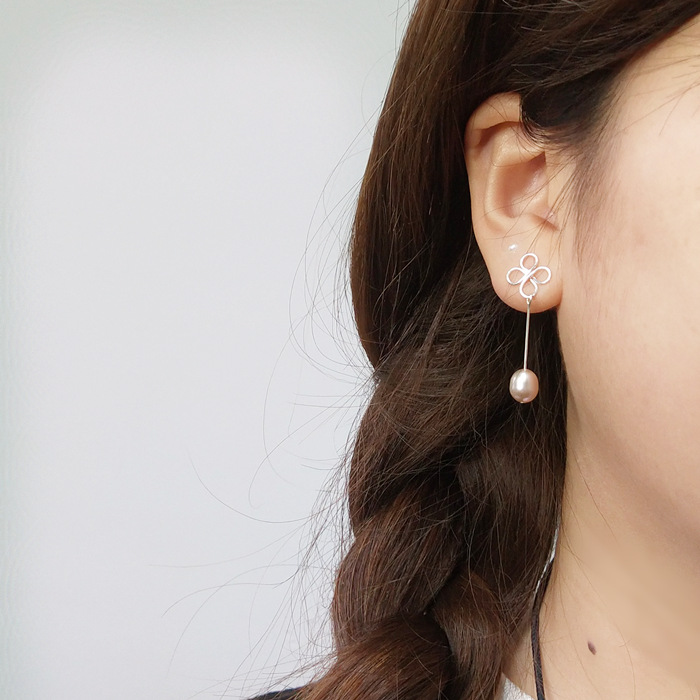 手工四叶草足银耳钉天然淡水