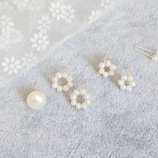 手工足银999纯银天然珍珠馒头珠小花朵不对称珍珠耳钉【一只价】