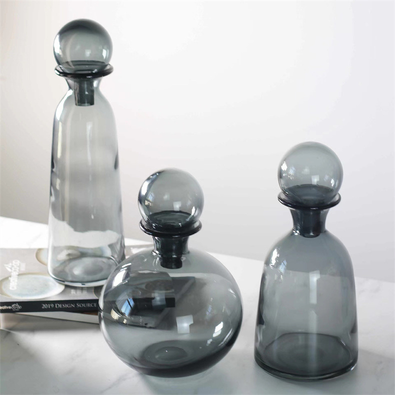 新中式几何创意玻璃花瓶灰色圆球带盖小口软装样板间摆件饰品花瓶