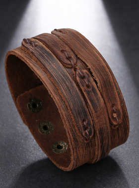 欧美复古真皮扎结宽面手链 时尚简约个性潮酷男女款手链