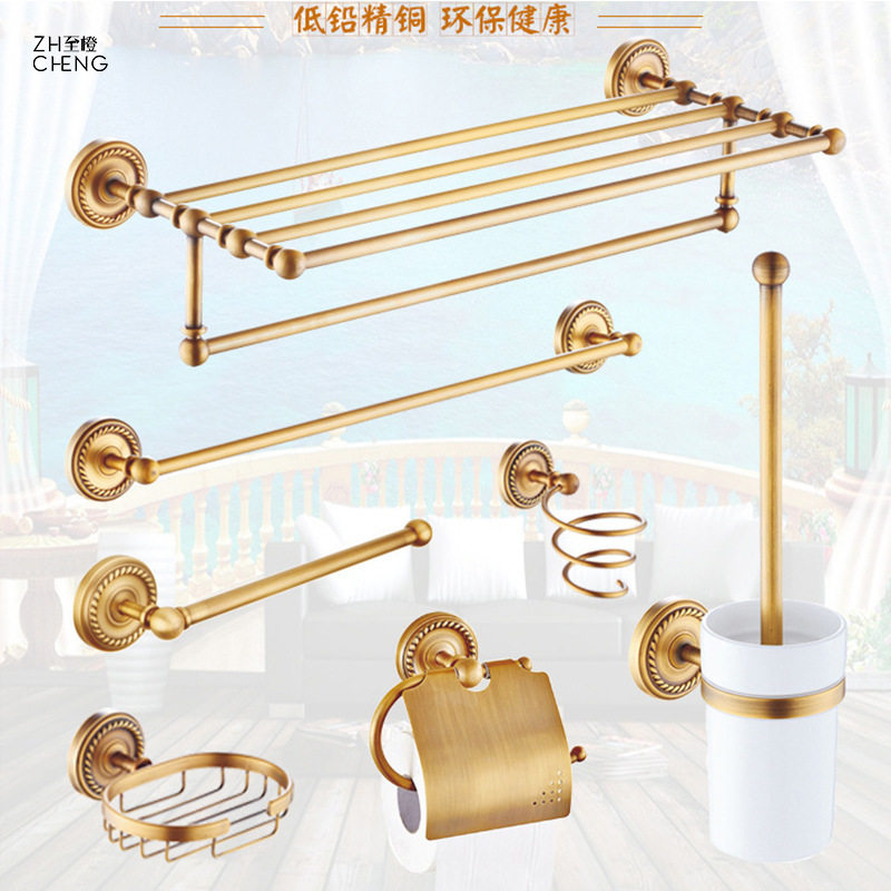 全铜欧式复古毛巾架套装卫生间浴室毛巾置物架卫浴五金挂件套件