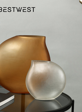 北欧焦糖色圆形磨砂半透明小口玻璃花瓶家居装饰品摆件