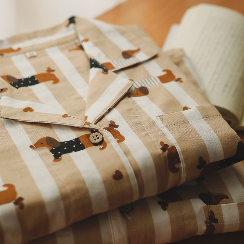 A类纯棉纱布卡通腊肠狗春夏秋情侣睡衣长袖长裤男女士家居服套装