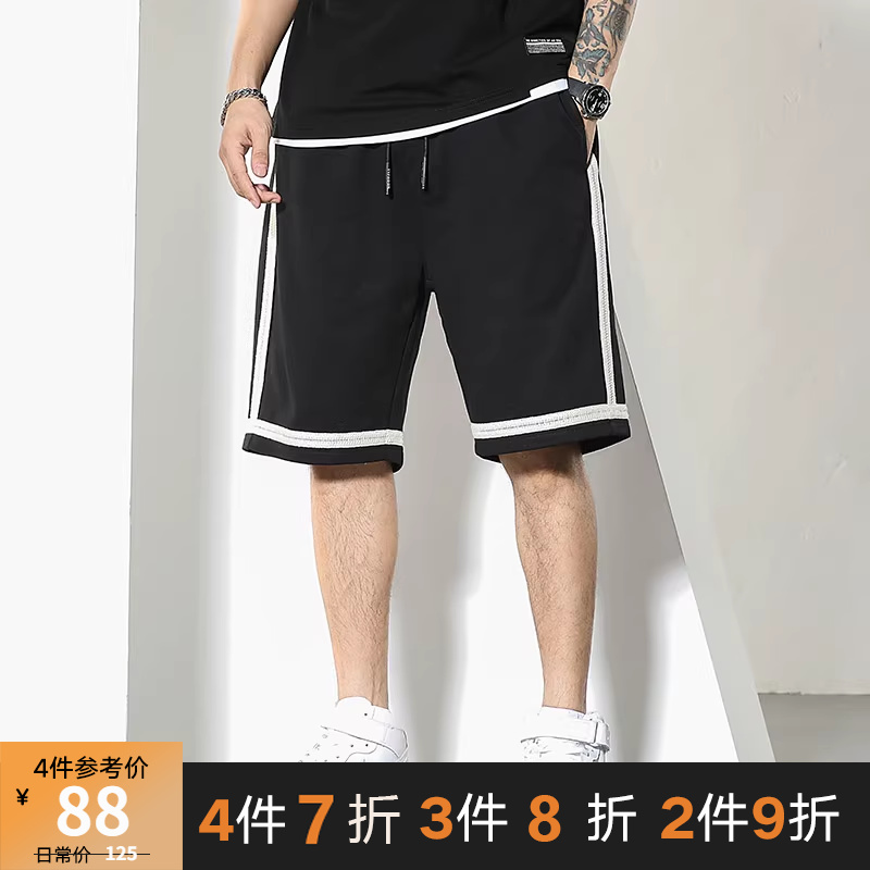 大码短裤男夏季2022韩版潮流宽松直筒胖子休闲撞色织带五分裤