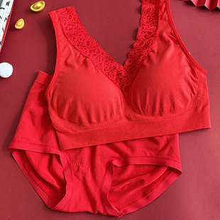 塞德纳法式 莫代尔无缝背心 蕾丝无钢圈文胸女美背本命年红色内衣裤