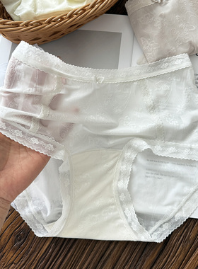 唯美纯欲~半透视性感法式蕾丝三角内裤女士中腰白色透气包臀裤头