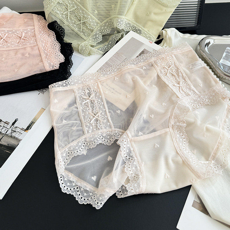 彩田新款蕾丝女内裤中腰超薄镂空性感提花网纱7A抗菌裆女士三角裤