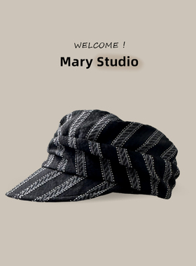轻薄春夏设计师款复古条纹褶皱堆堆帽女显脸小画家帽可调节透气